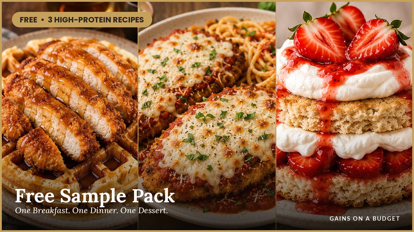 Free sample pack: chicken and waffles, chicken parmesan and strawberry shortcake